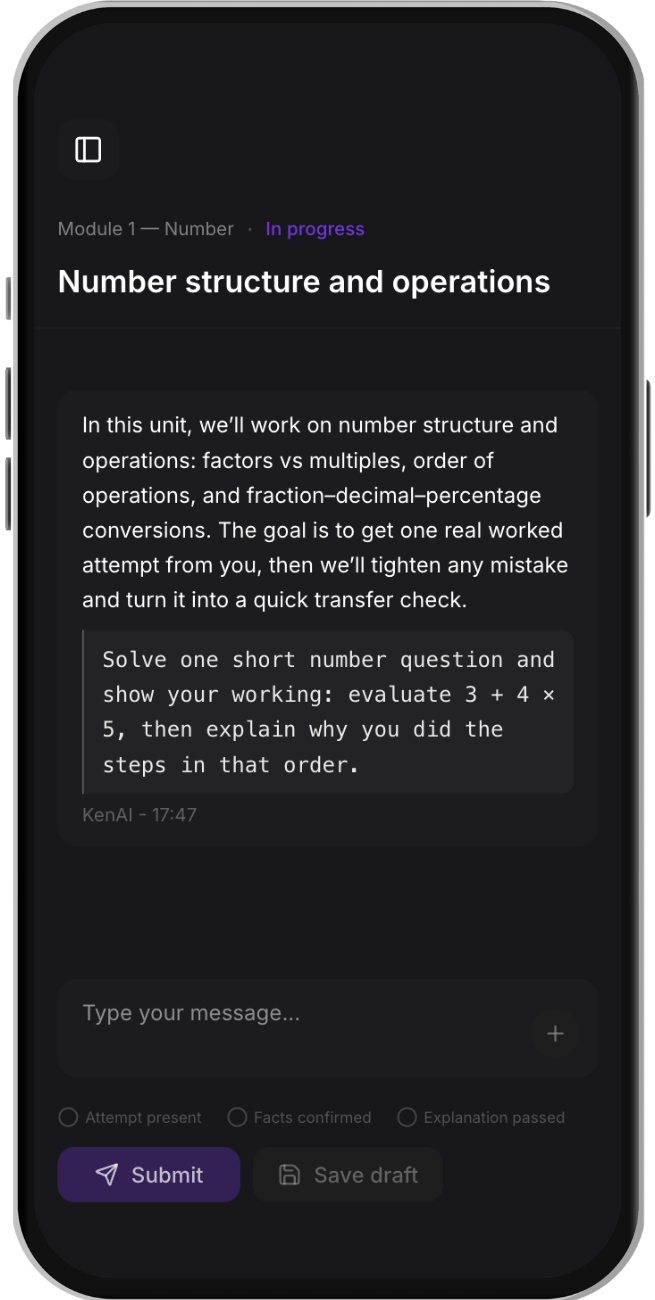 KenAI unit-chat on iPhone with a short task and Submit